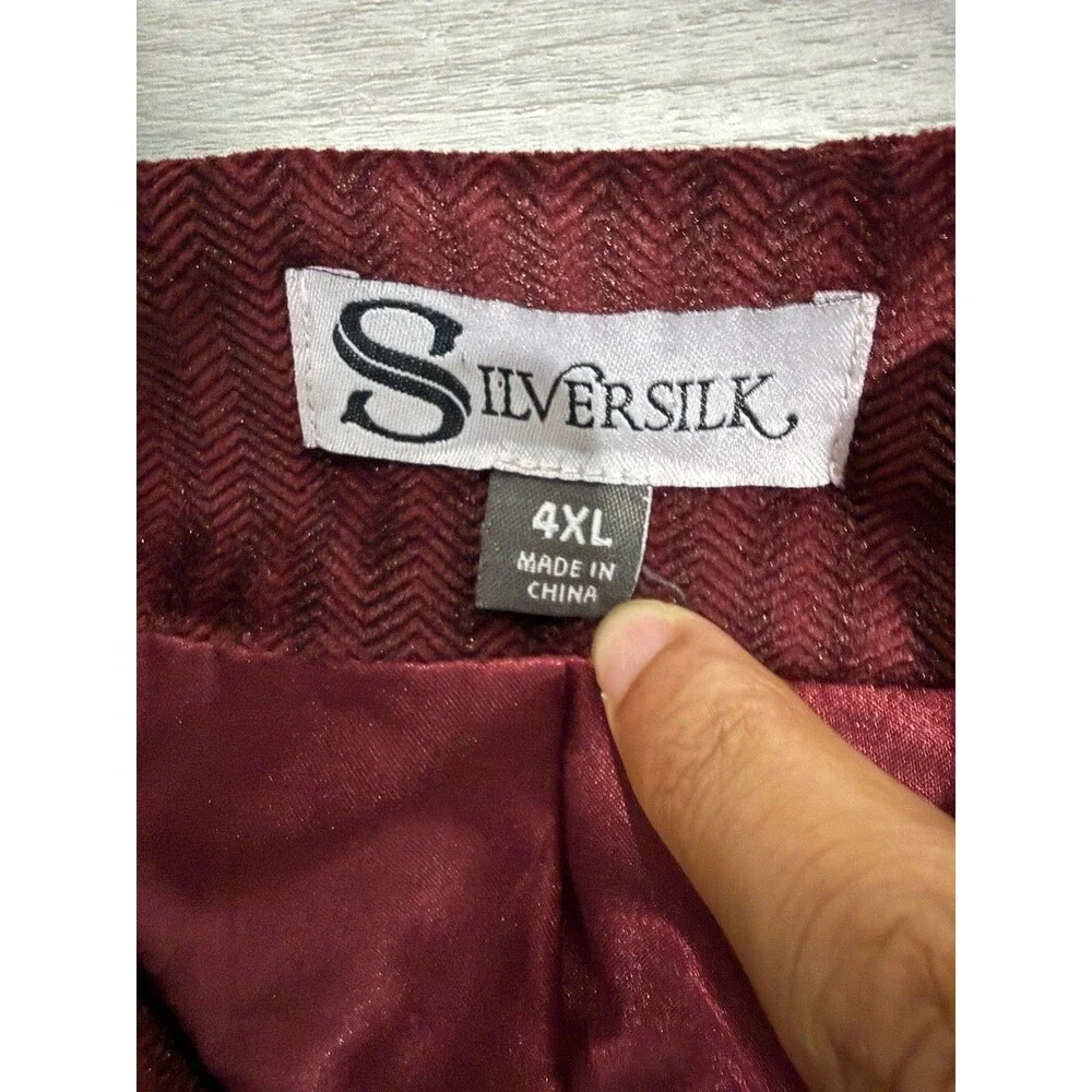 Silver Silk Men’s Burgundy Herringbone 3-Piece Suit Jacket, Vest, 44x30 Pants